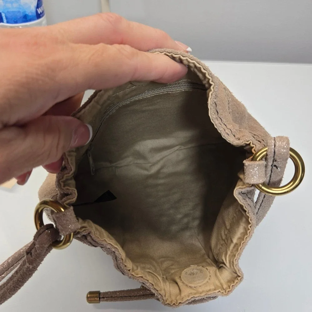 Fossil Small Leather Crossbody Bucket Bag Metallic Shimmer Suede Studded Western